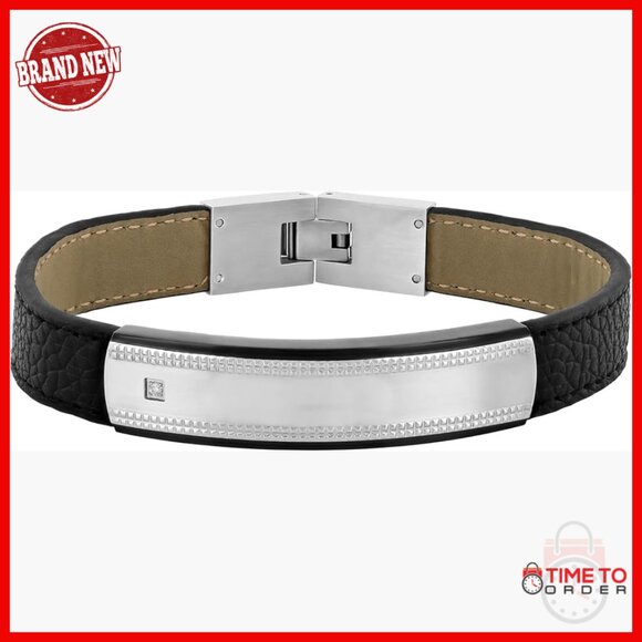 Men's Stainless Steel Leather ID Bracelet with Diamond Accent Fold Over Clasp